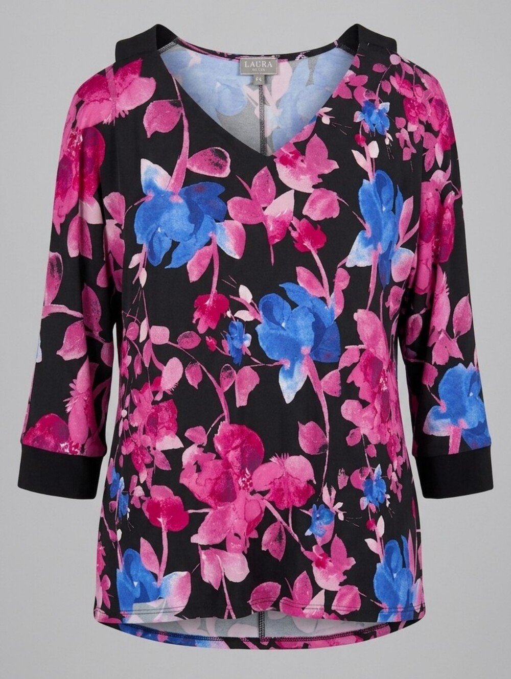 Laura Plus Pink Floral Cold Shoulder Cutout V-neck 3/4 Sleeve Relaxed Blouse 1X